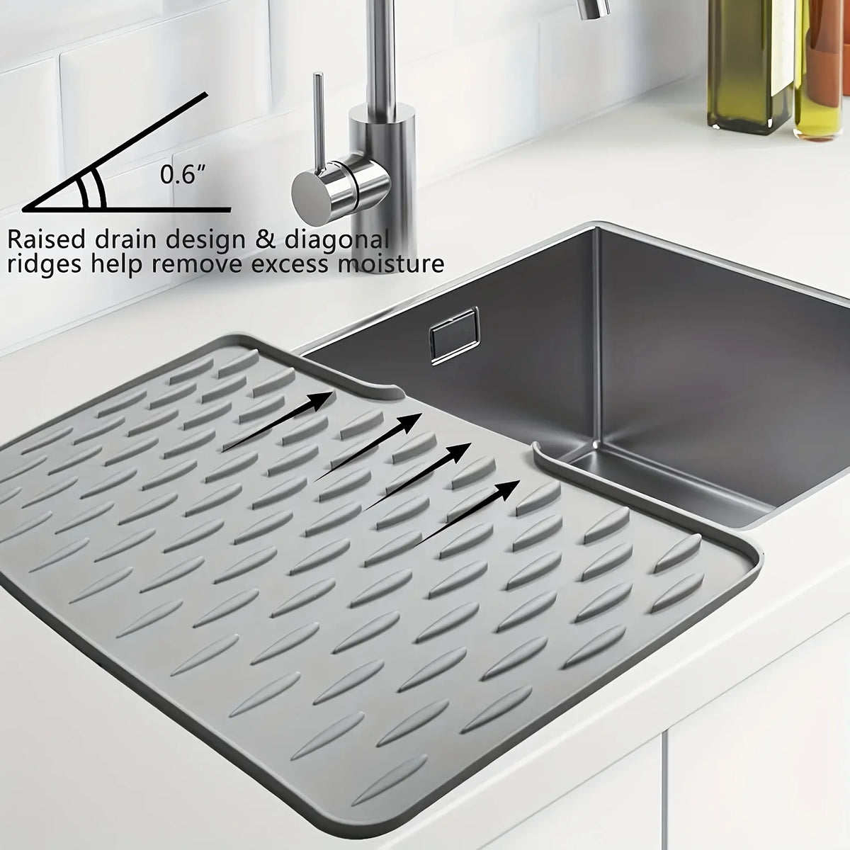 FanzyMarket kitchen silicone drain mat with built-in drainage for countertops, sinks, and refrigerators, easy to clean.