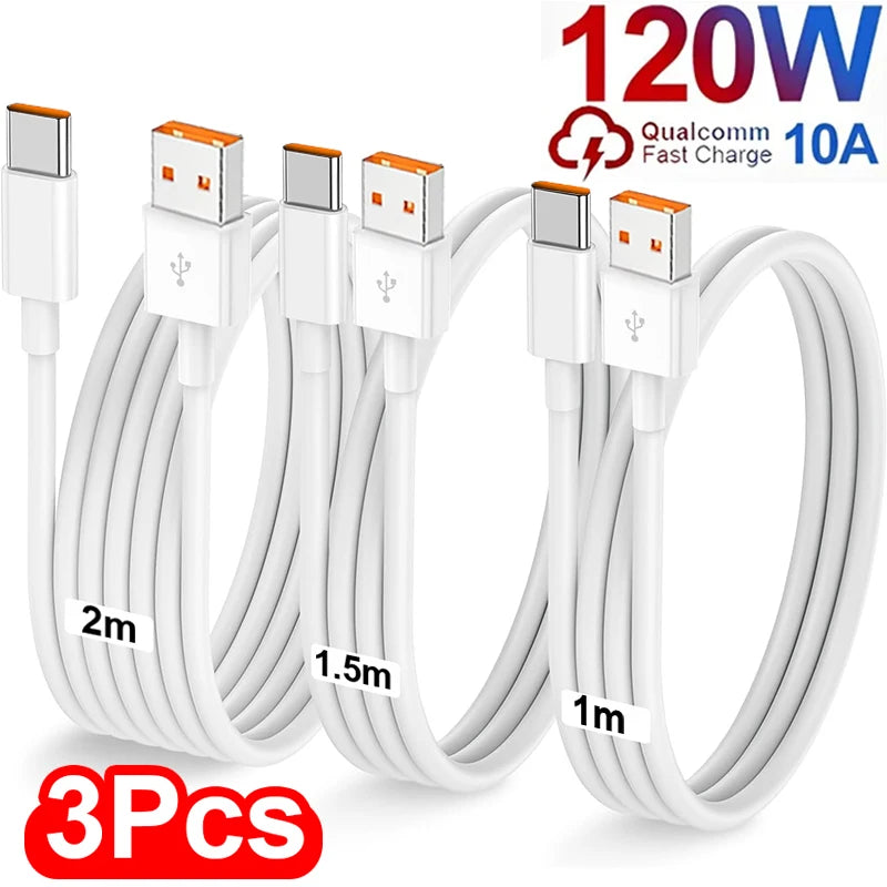 120W 10A USB-A to USB-C Fast Charging Cable — 1/2/3-Pack High-Speed Data Cord for USB-C Smartphones and Devices