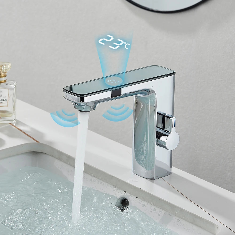 Touchless White Sensor Basin Faucet with Digital Temperature Display – Hot & Cold Mixer Tap for Bathroom Vanity