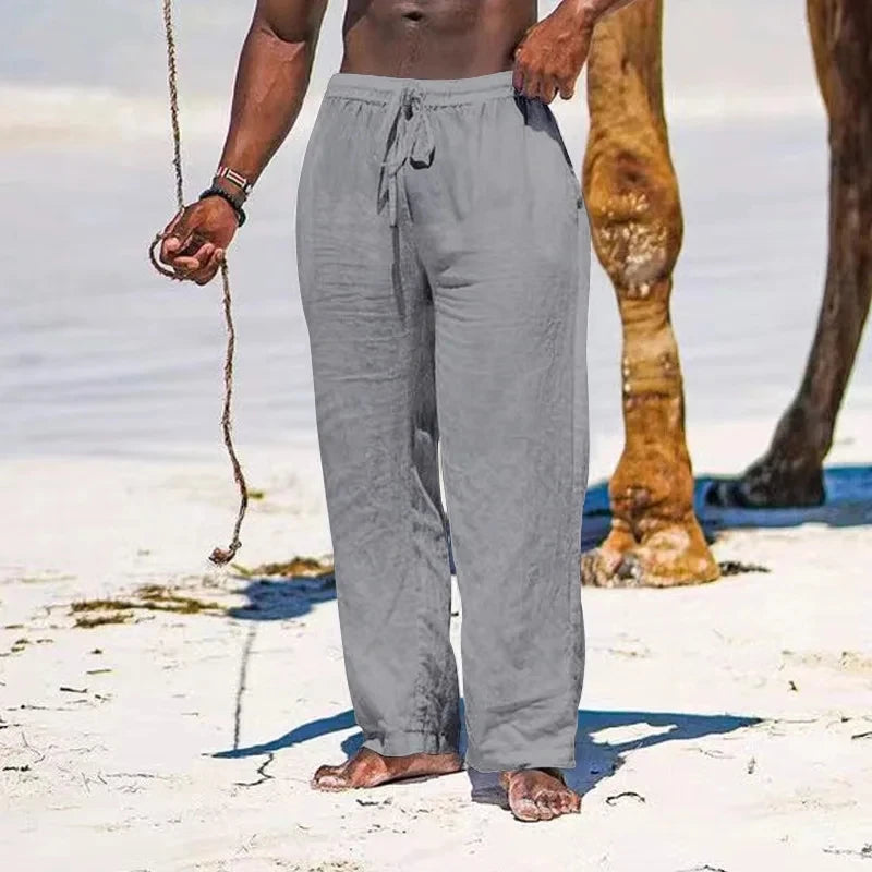 Men's Summer Cotton-Linen Oversized Wide Leg Pants Elastic Waist Casual Ankle-Length