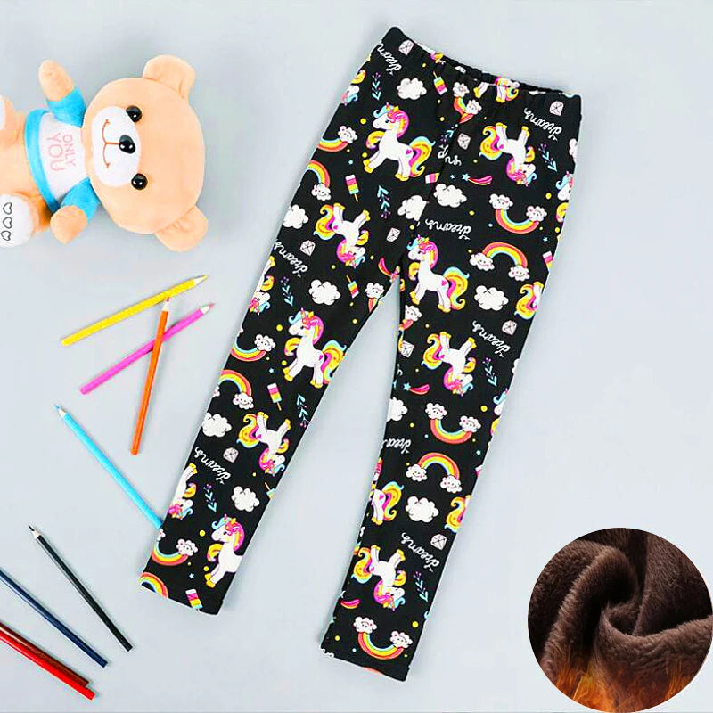 Kids Warm Fleece-Lined Cartoon Leggings Thick Plus Velvet Winter Pants Ages 4-6