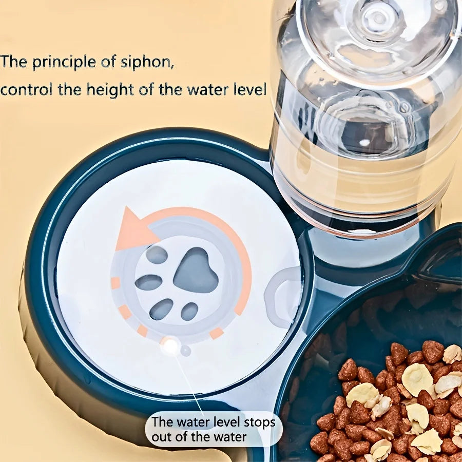 3-in-1 Tilted Cat Food & Water Bowl Set with Gravity Water Feeder — Ear Design for Neck Protection