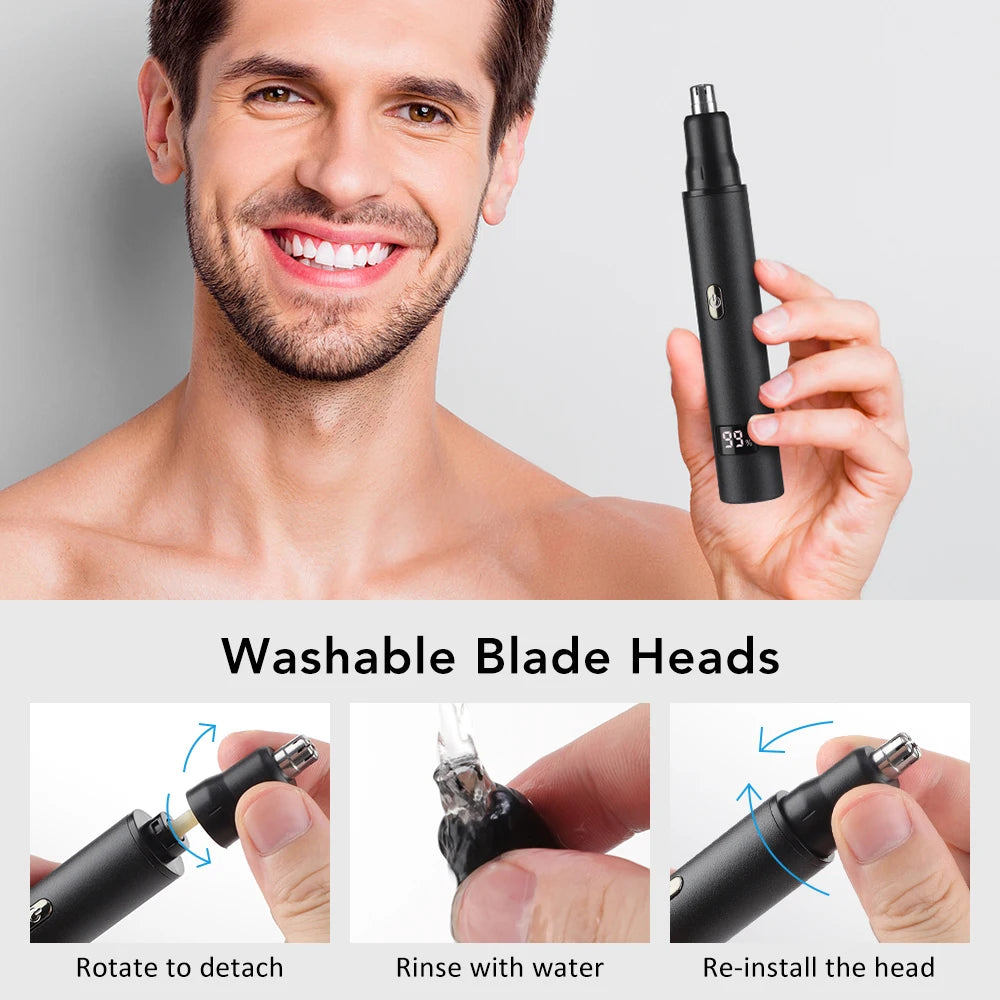 Portable USB‑C Rechargeable Nose & Ear Hair Trimmer — Compact 3‑in‑1 Facial Groomer for Men & Women, Detachable Washable Head, LED Display