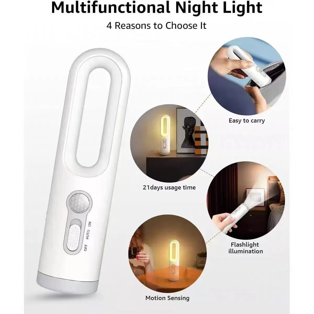 Portable 2-in-1 Rechargeable Flashlight & Motion Sensor Night Light - USB-C Bedside, Bathroom, Baby Feeding, Reading & Camping Lamp