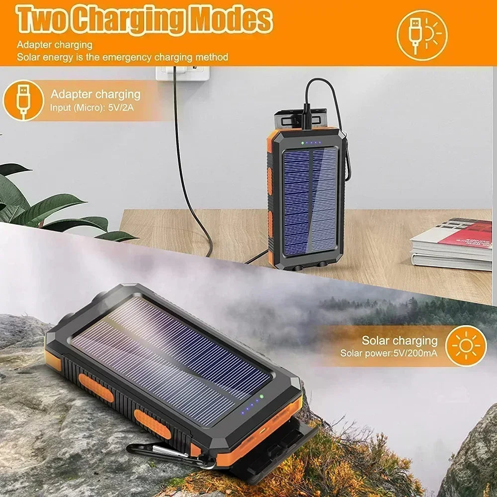 Solar Power Bank Waterproof – Fast Charging Portable Powerbank with Dual USB, SOS LED Light & Compass