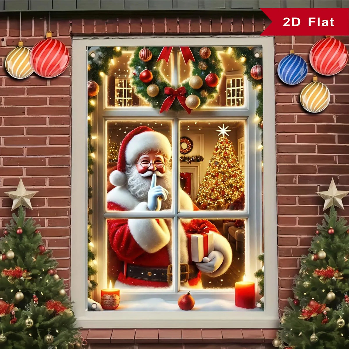 Christmas Window Backdrop Banner Santa Claus Photo Background Indoor Holiday Window Cover