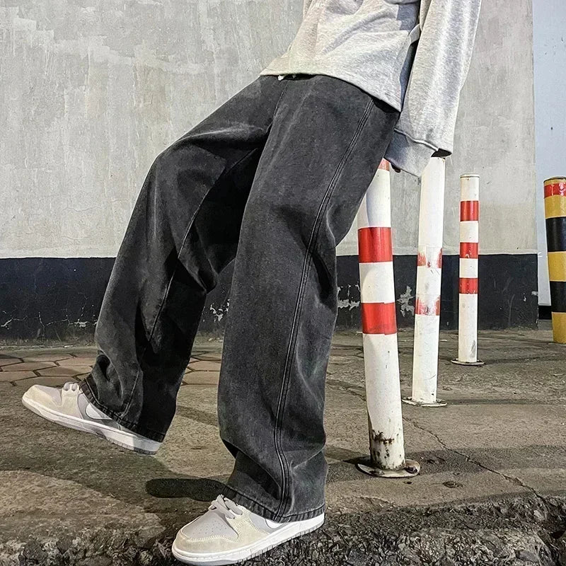 Men's Korean Streetwear Loose Wide-Leg Jeans - Straight Baggy Pants in Black & Light Blue