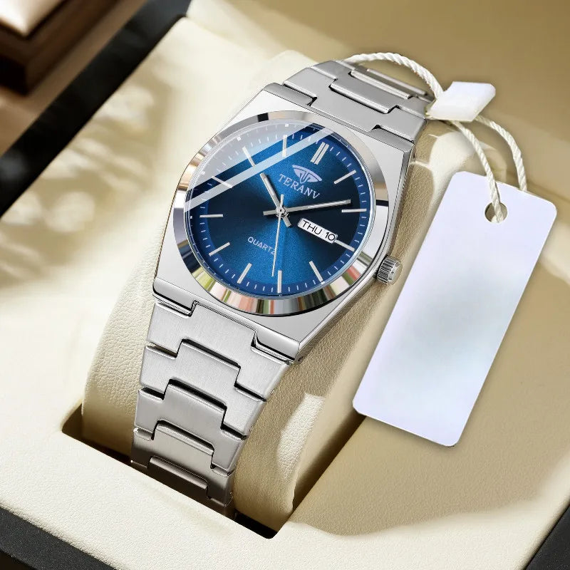 Men's Slim Stainless Steel Quartz Watch with Calendar - 40mm Minimal Dial, 3ATM (30m) Water Resistant