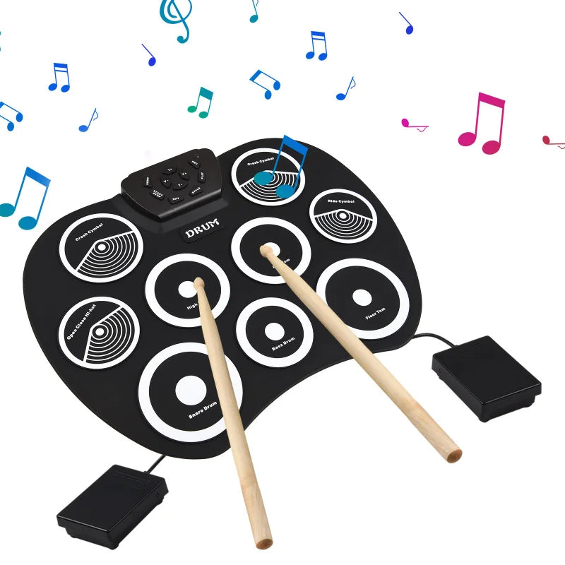 Portable 9-Pad Roll-Up Electronic Drum Set USB MIDI with Pedals & Drumsticks