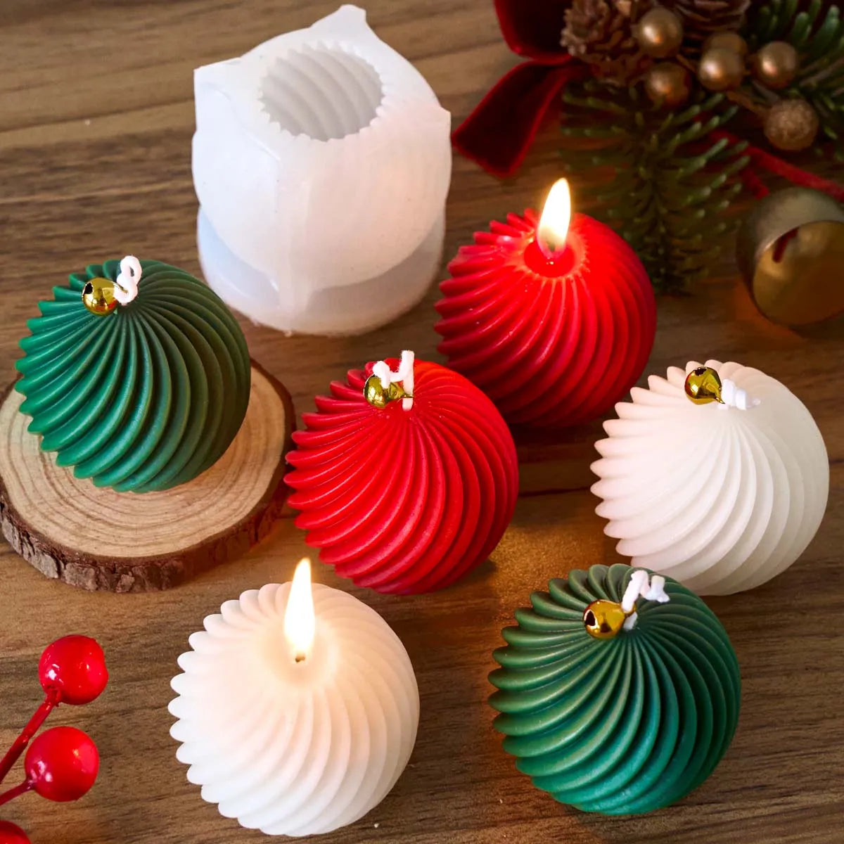 3D Christmas Ball Silicone Mold - Twist Stripe Candle & Soap DIY Mold for Holiday Crafts, Gifts & Home Decor