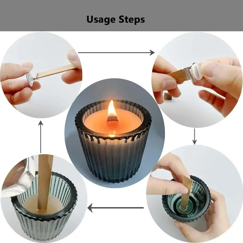 Flat Wooden Candle Wicks with Iron Stand and Base Holder – Wooden Wick Cores for DIY Candle Making