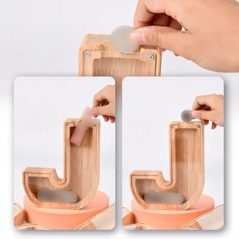 26-Letter Wooden Piggy Bank Alphabet Moneybox Coin Saving Box for Kids Desktop Home Decor