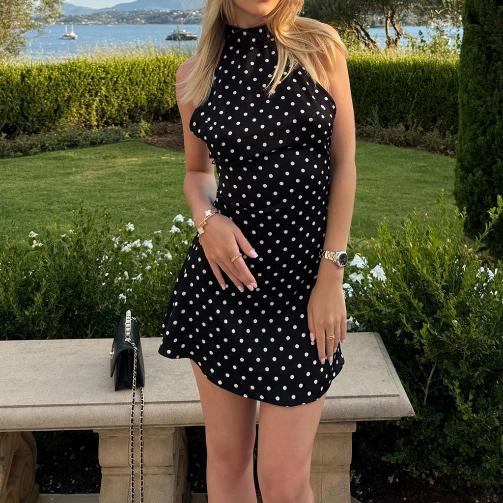 Polka Dot Halter Mini Dress - Backless Sleeveless A-Line Party & Summer Vacation Dress