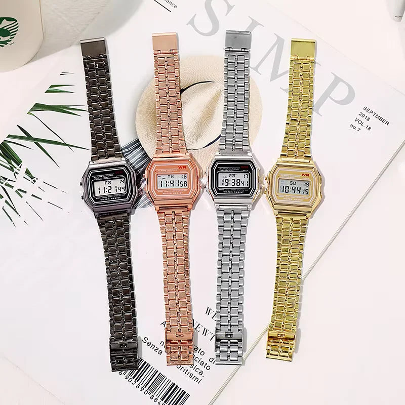 Luxury LED Digital Men's Stainless Steel Gold Watch Fashion Business Electronic Wristwatch