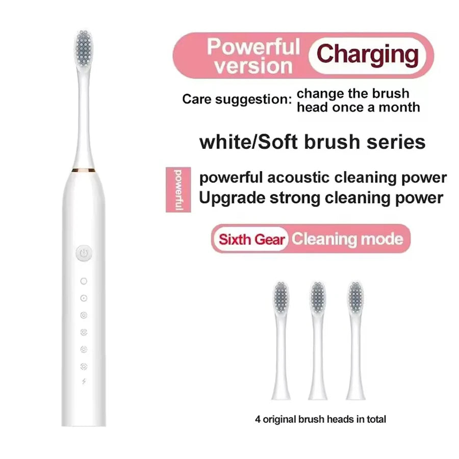 Ultrasonic Electric Toothbrush, 6-Speed USB Rechargeable Waterproof Adult Toothbrush with Soft Bristles & 4 Brush Heads