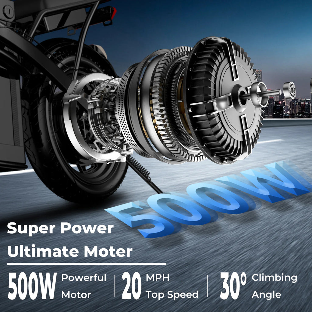 500W Folding Electric Bike 20 MPH (≤25 km/h) 48V 10.4Ah Removable Battery, 14-Inch Wheels, Dual Shock Absorption, Front Basket