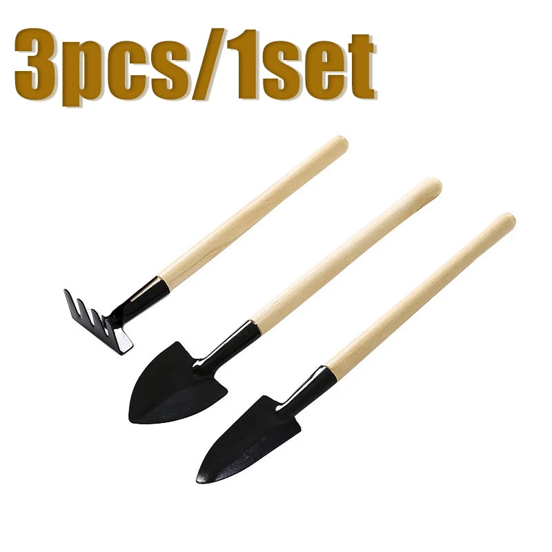 3-Piece Mini Gardening Tools Set - Portable Trowel, Rake and Harrow with Wooden Handles for Indoor Plants and Soil Loosening