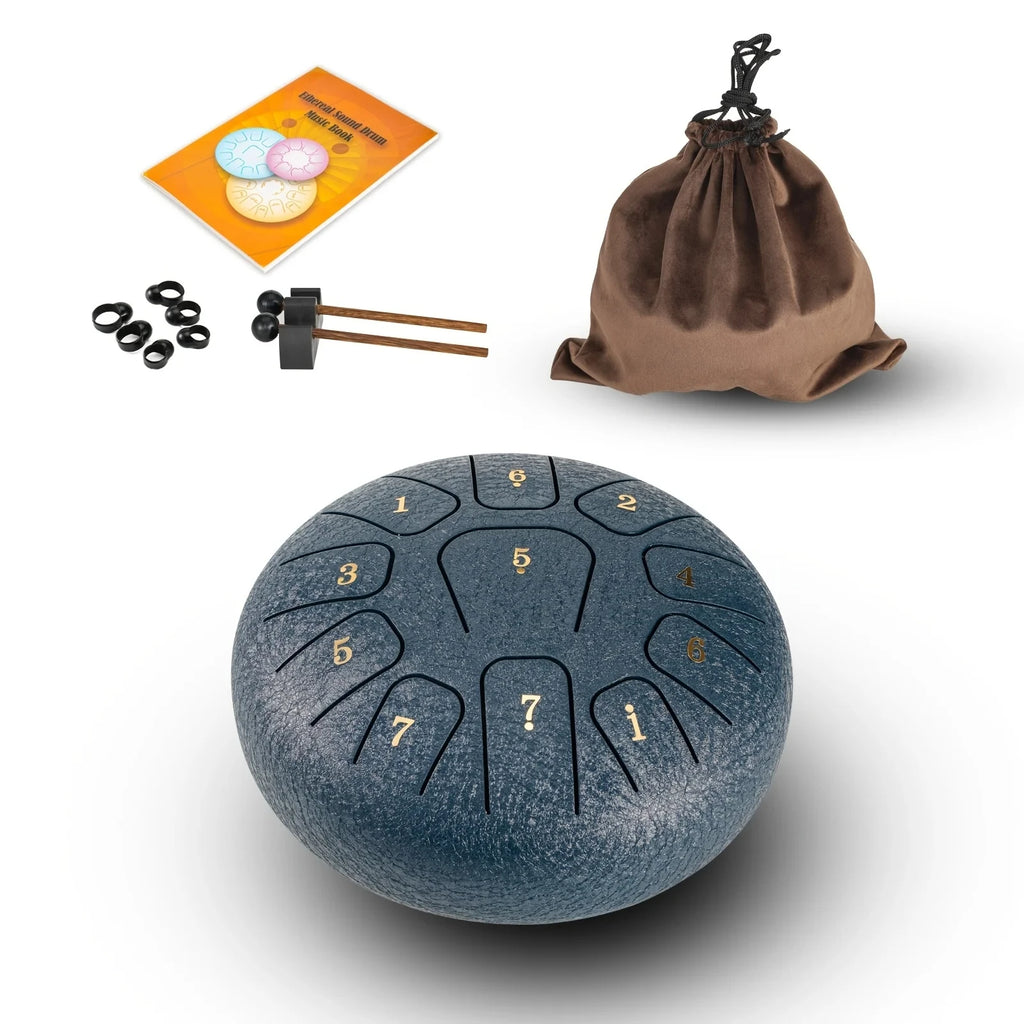 6-Inch (15 cm) 11-Note Steel Tongue Drum Set with Sticks & Carry Bag — Sound Healing for Yoga & Meditation