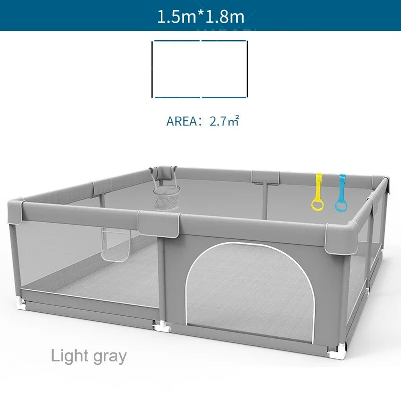 Light Gray Baby Playpen with Pull Ring - Play Yard & Ball Pit Safety Fence for Toddlers