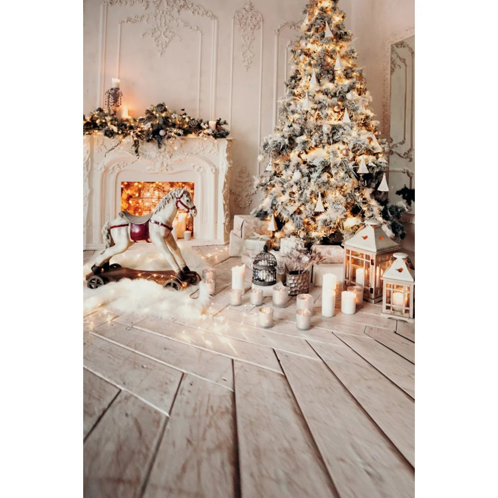 Christmas Photography Backdrop - Santa, Tree & Fireplace Winter Snow Wood Floor Portrait Background