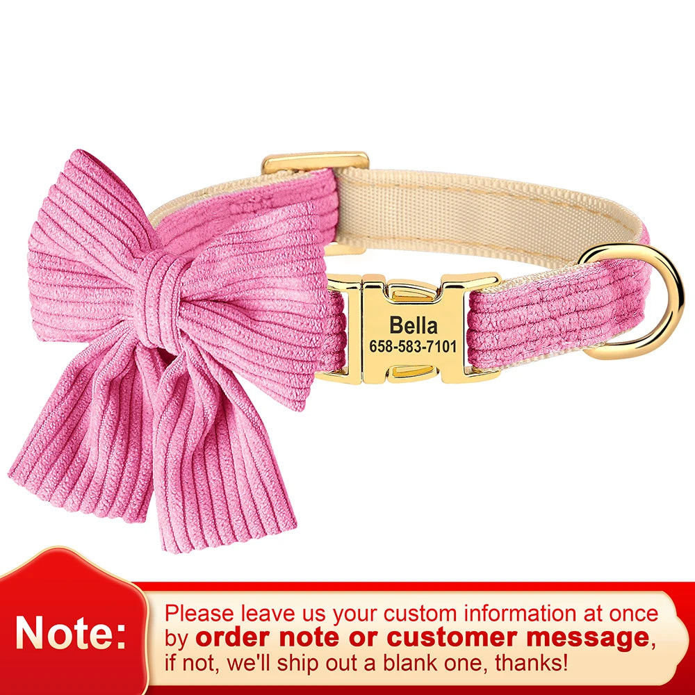 Personalized Dog Collar with Large Bow Tie - Adjustable ID Collar with Free Engraving for Small, Medium, Large Dogs and Cats