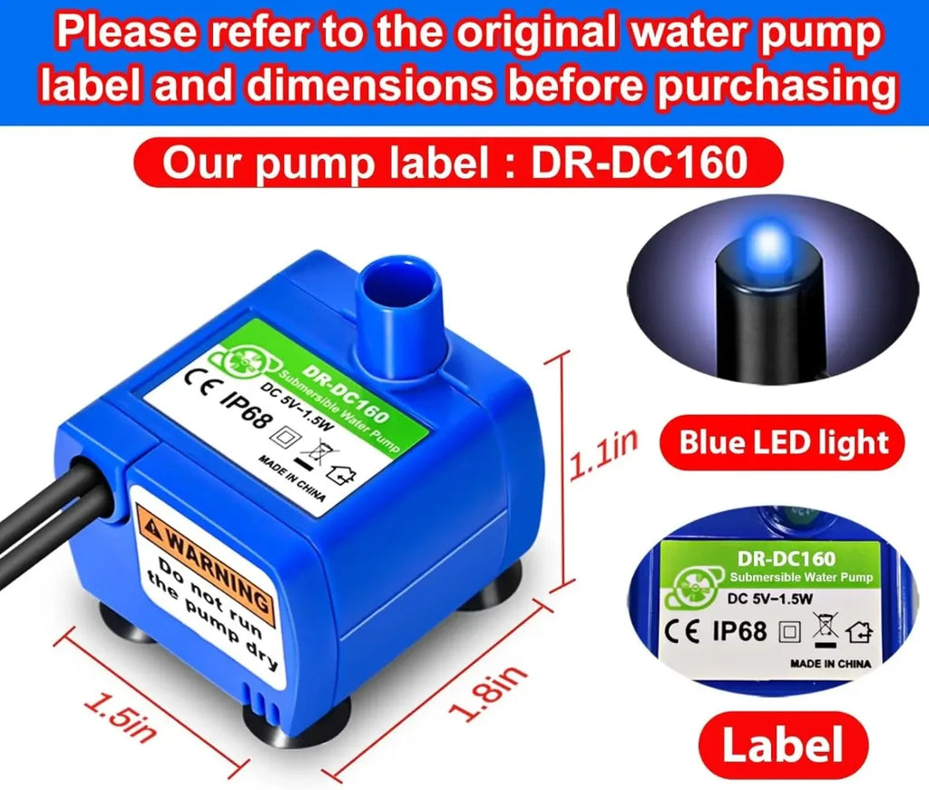 LED Cat Fountain Pump Replacement – DC 5V 1.5W USB Ultra-Quiet Waterproof Motor with 6ft (1.83m) Cable & Suction Cups