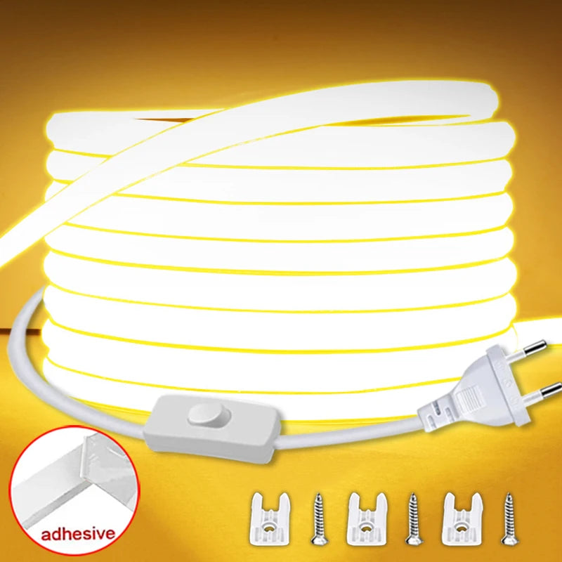 COB LED Strip Light 220V EU Plug Waterproof Flexible Tape High Brightness for Bedroom, Outdoor & Garden