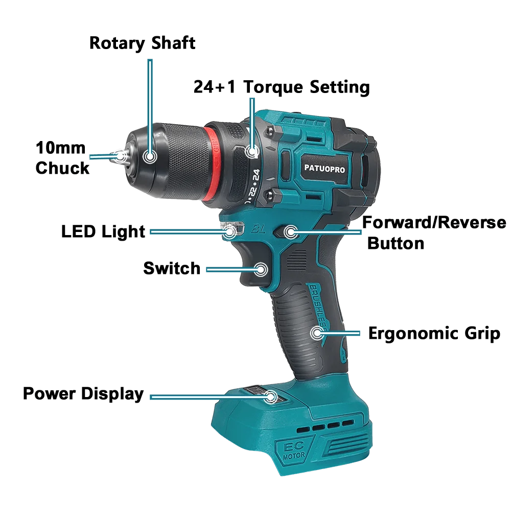 Brushless Cordless Drill 2-Speed - 3/8 in (0.8–10 mm) Keyless Chuck - 21+1 Torque - Compatible with 18V Slide Batteries (Battery Not Included)