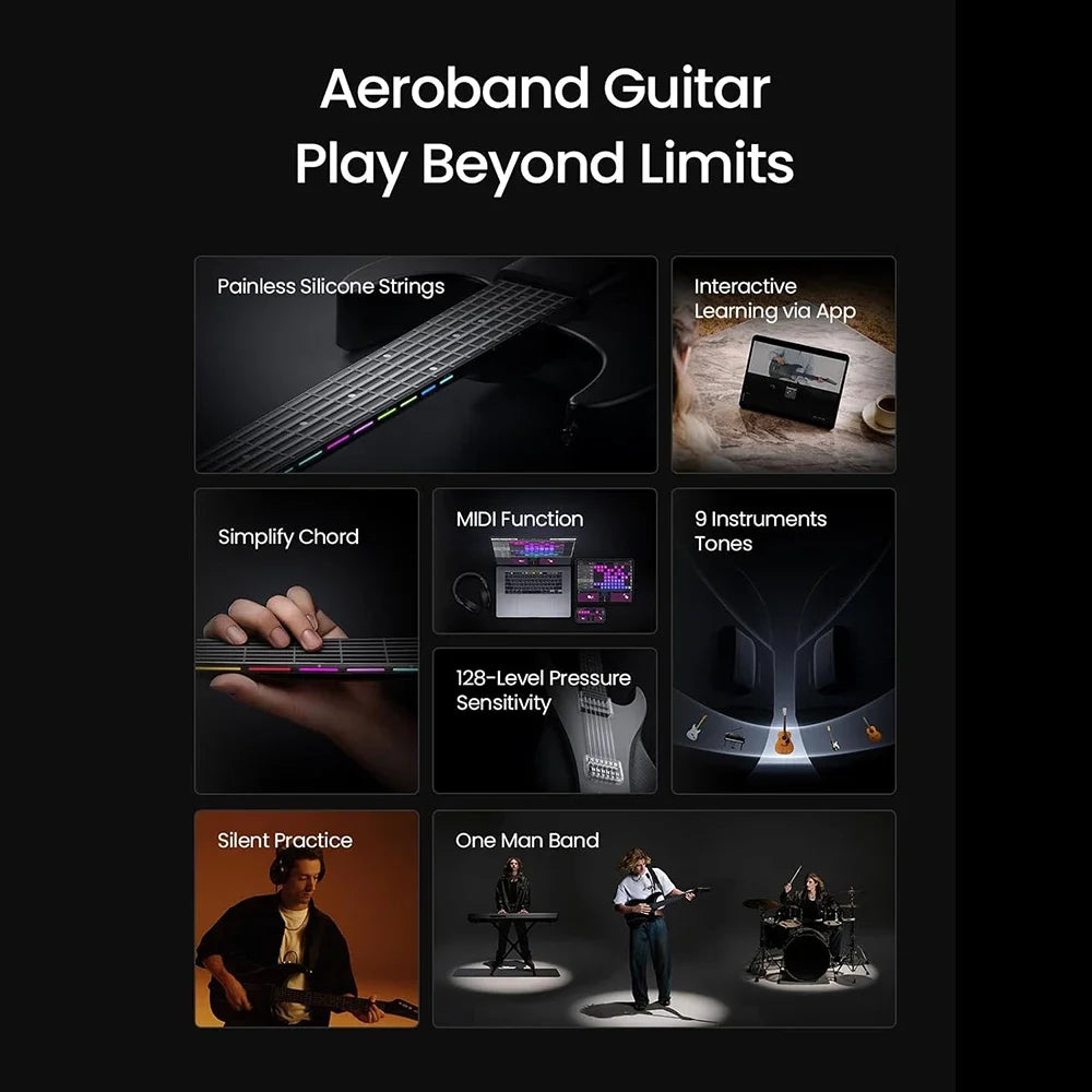 Portable Smart Hybrid Guitar — Pain-Free Silicone Strings, 9 Tone Modes, Built-In Speaker & Mic