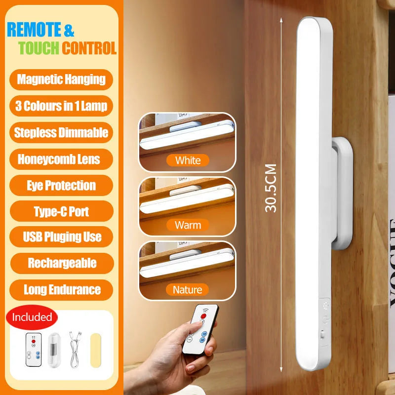 USB Rechargeable Magnetic LED Desk Lamp - 3-Color Dimmable Touch & Remote Night Light for Cabinet Closet Wardrobe