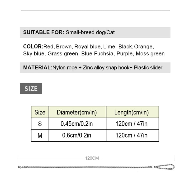 Lightweight Nylon Rope Dog Leash – 120 cm (47 in) Durable Clip for Small Dogs & Cats, Striped Outdoor Walking & Training Lead