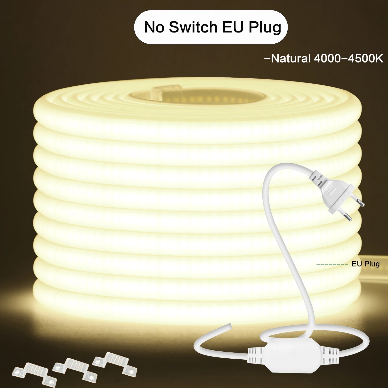 220V COB LED Strip Light 288 LEDs/m IP65 Dimmable with Switch or Dimmer Plug — 3000K 4000K 6000K Waterproof Indoor/Outdoor