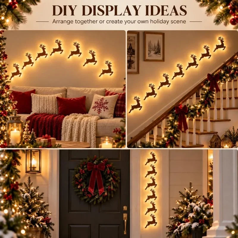 LED Light-Up Wooden Reindeer & Santa Sleigh Wall Decor with Remote — Battery Powered Christmas Wall Stickers