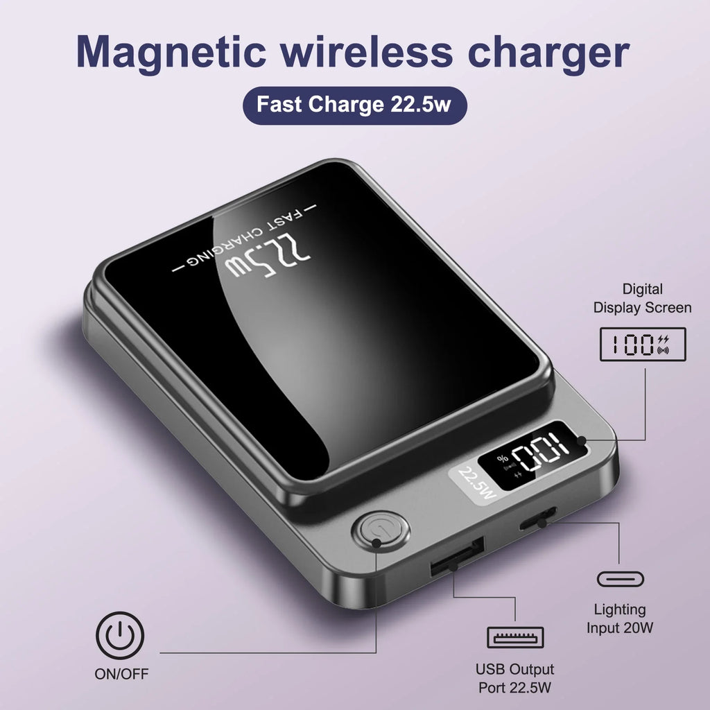 10000mAh Magnetic Wireless Power Bank 22.5W PD USB-C Foldable Stand LED Display – Magnetic Charger for Smartphones