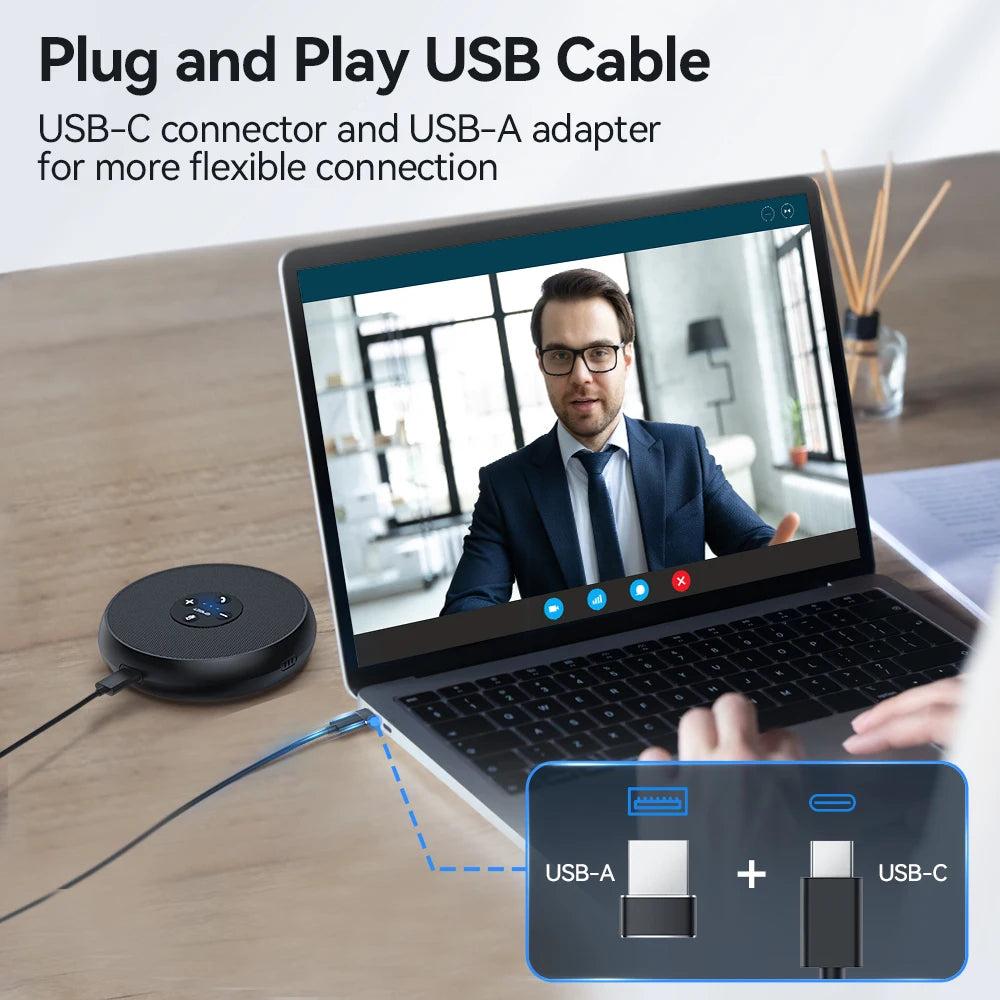 USB Wired Conference Speakerphone with 2 Mics – 360° Voice Pickup, Certified for Online Meetings, Office & Home