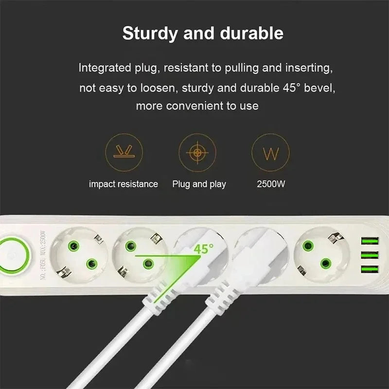 2500W EU Power Strip — 5-Outlet Extension Cord with 3 USB Ports, 2.0m (6.6ft) Cable, Overload Protection