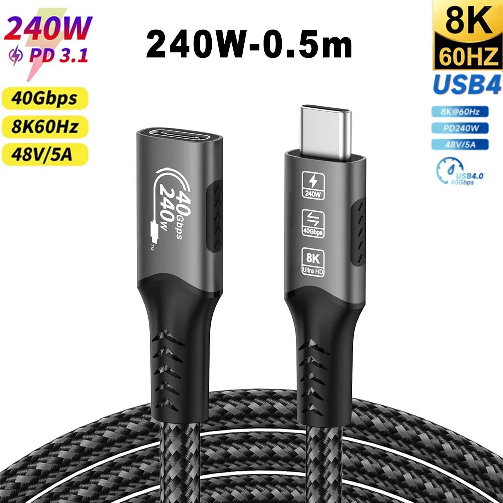 USB4 Thunderbolt 4 USB-C to USB-C Cable — 40Gbps, 240W (48V/5A) PD 3.1, 8K@60Hz Video, Thunderbolt 3 Compatible