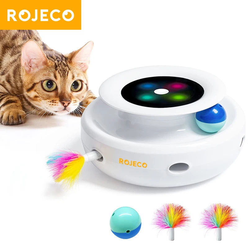 2-in-1 Automatic Interactive Cat Teaser Toy with 5 Modes - Feather Teasers & Fun Balls (Includes 3 Feathers, 2 Balls) - 7.8 x 7.8 x 3.8 in / 198 x 198 x 96 mm