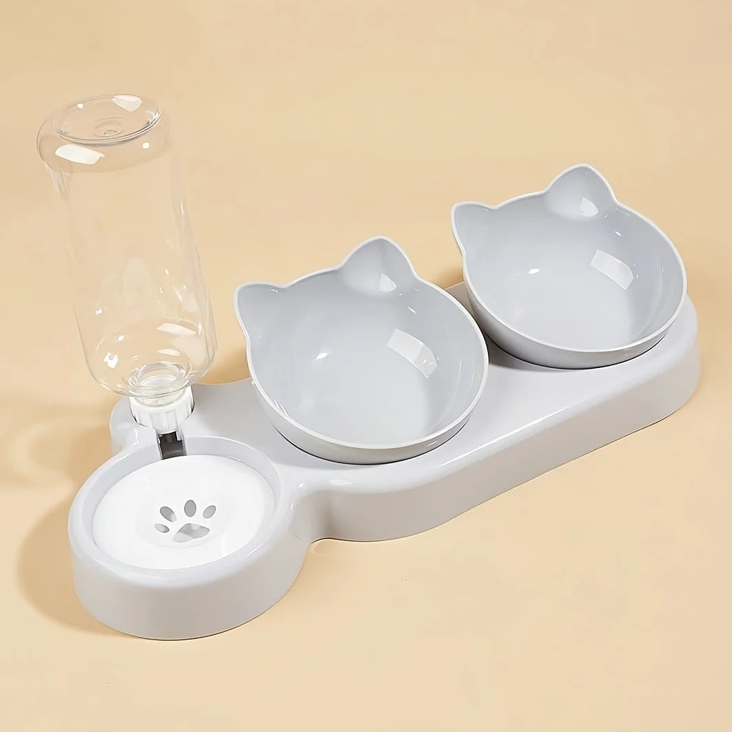3-in-1 Tilted Cat Food & Water Bowl Set with Gravity Water Feeder — Ear Design for Neck Protection