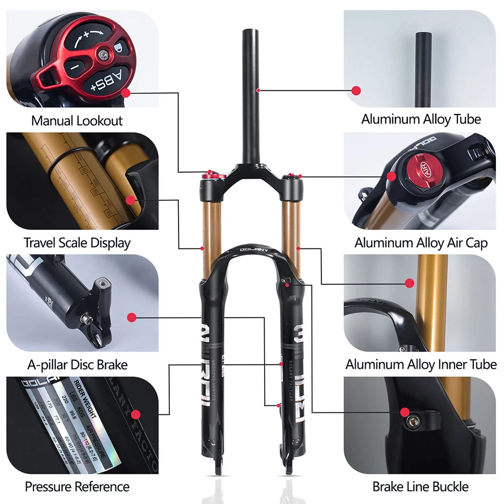 Mountain Bike Air Suspension Fork 26/27.5/29 Inch 100mm Travel (120mm Exposed) Air & Oil Damping Remote Lockout 9mm Axle 32mm Stanchions Disc Brake