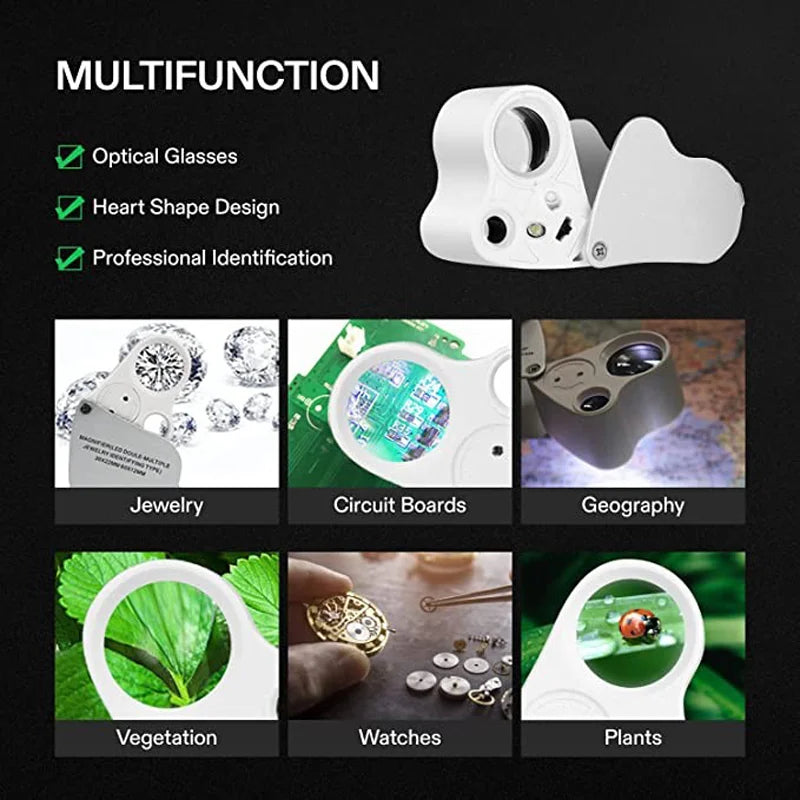 30x/60x Illuminated Jeweler's Loupe Magnifier Foldable with Bright LED Light for Gems, Jewelry, Coins & Stamps