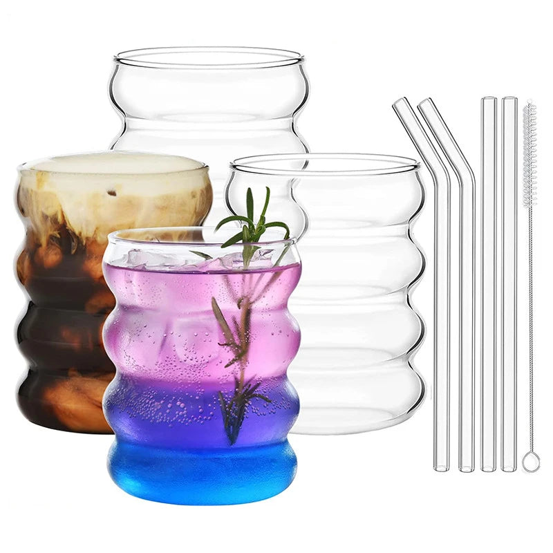4-Piece Ribbed Borosilicate Glass Cups with Straws – Clear Drinkware Set for Coffee, Cocktails & Juice