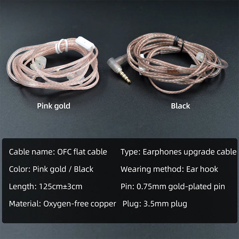 Oxygen-Free Copper (OFC) Flat 120cm Headphone Upgrade Cable — Replacement Cable for Detachable IEM Earphones