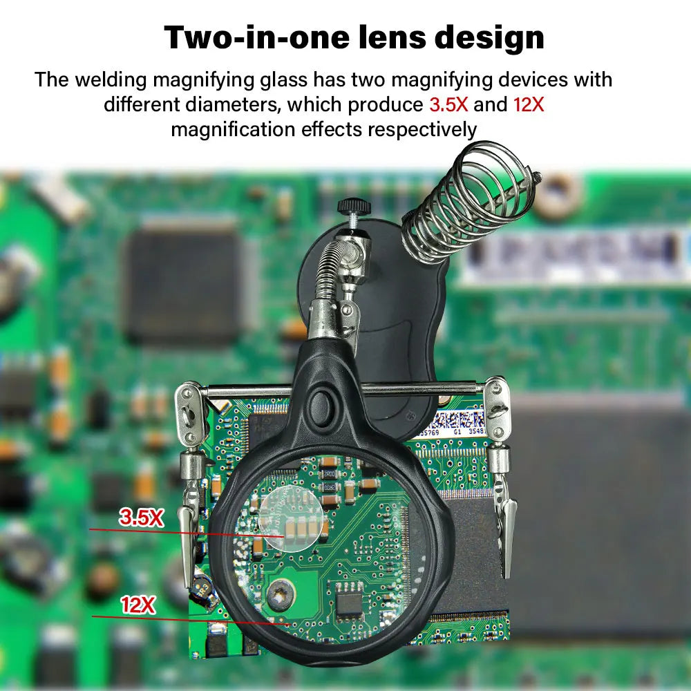 LED Clip Helping Hand Magnifier 3.5x/12x for Soldering, PCB Repair & Soldering Iron Stand