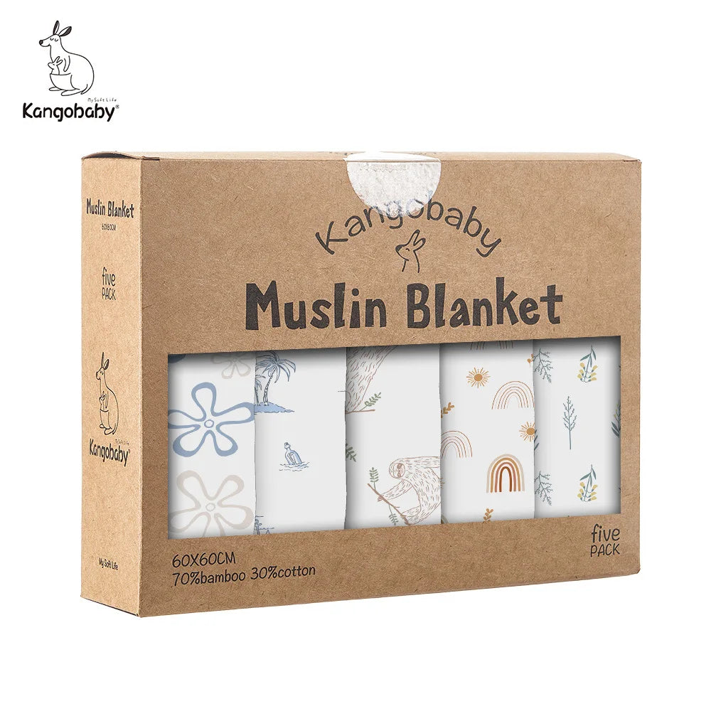 5-Pack Bamboo Cotton Muslin Baby Blankets & Burp Cloths 60 x 60 cm (23.6 x 23.6 in) Soft Breathable Multi-Functional