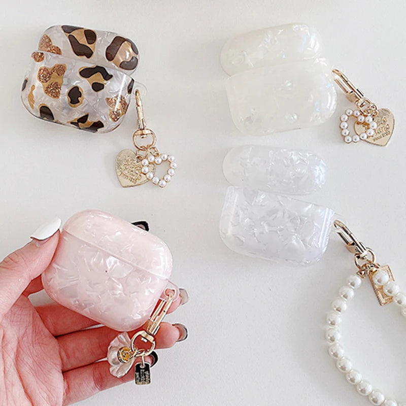 Leopard Pearl Keychain Silicone Case for AirPods Pro & AirPods - Shockproof TPU Soft Cover (USB-C Compatible)
