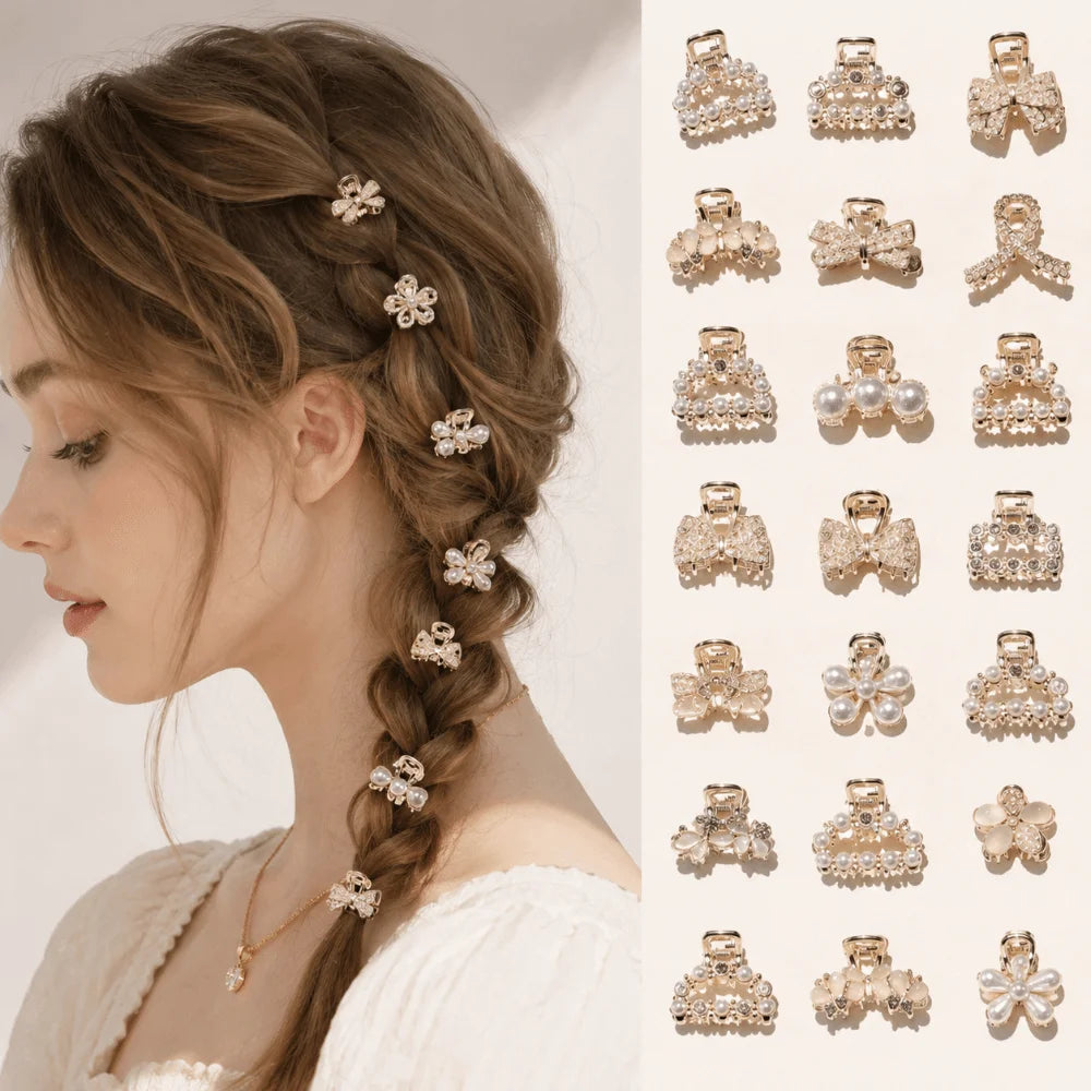 10/20 Pack Gold Mini Metal Hair Claw Clips with Rhinestones, Assorted Shapes Decorative Barrettes for Side Bangs & Thin Hair
