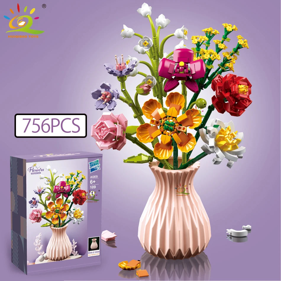 MOC Flower Building Blocks 3D Bouquet Kit - Sunflower & Rose DIY Brick Set, Small LEGO-Compatible Pieces, Educational Toy & Home Decor