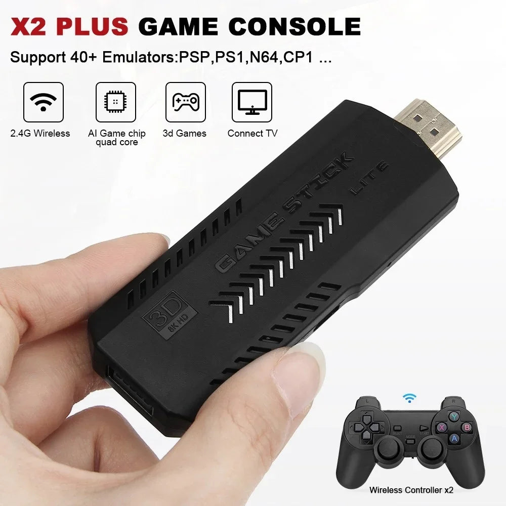 Retro HD 64GB Game Console Stick with Dual Wireless Controllers — 20,000+ Classic Games, Plug & Play