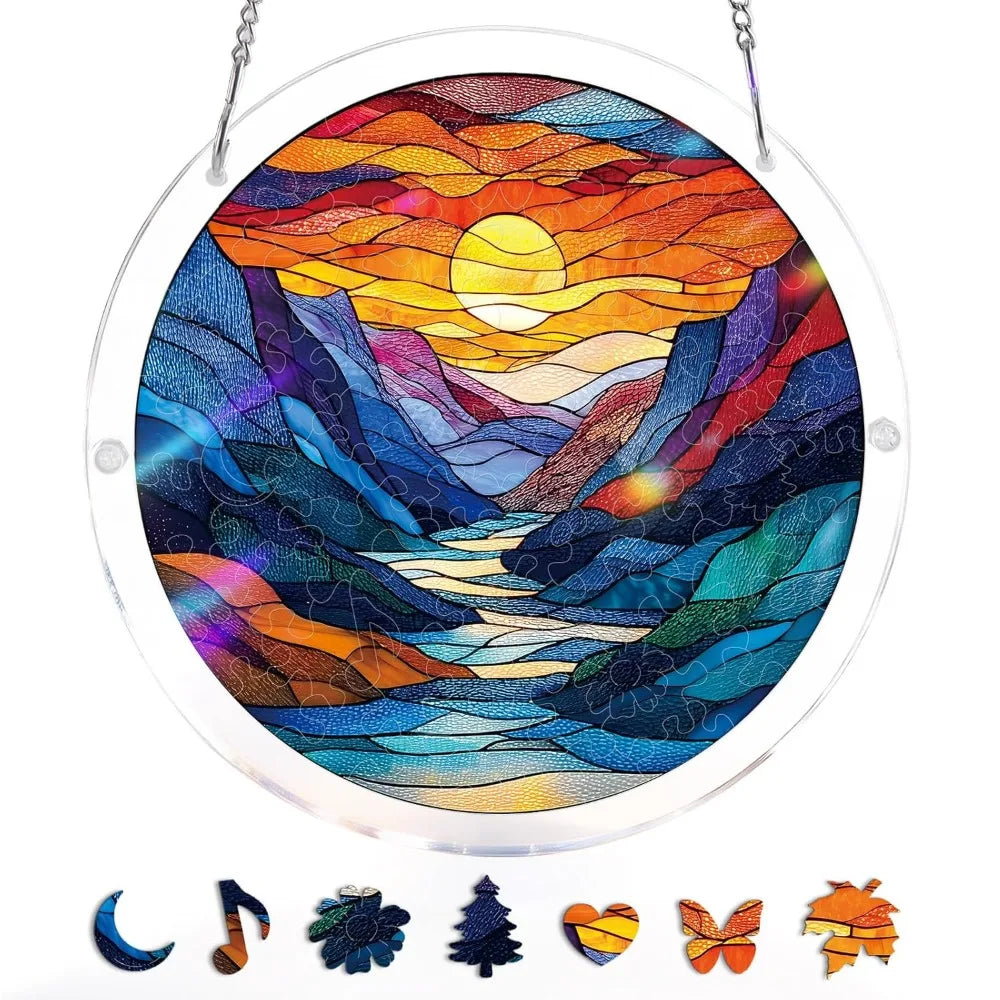 83-Piece 7.4in (18.8cm) Round Acrylic Puzzle Sun Catcher - UV-Printed Window Hanging with Metal Chain